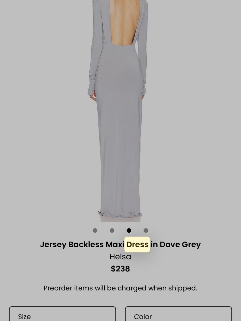 Helsa Dove Grey Long Sleeve Backless Jersey Maxi Dress
